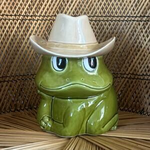 Vintage 1981 Sears Roebuck & Co. Green Frog Cowboy Cookie Jar with White Hat Lid